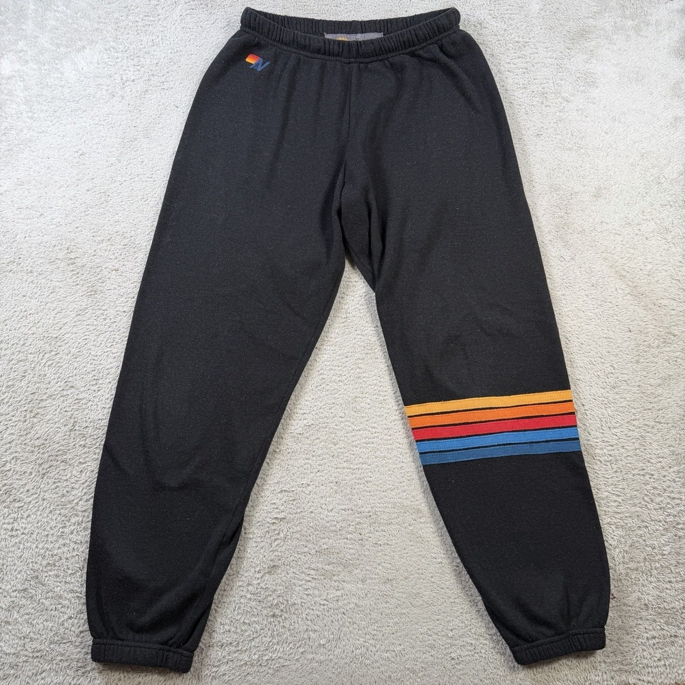 Aviator Nation Sweatpants Womens Large Black Fleece Drawstring Striped Joggers